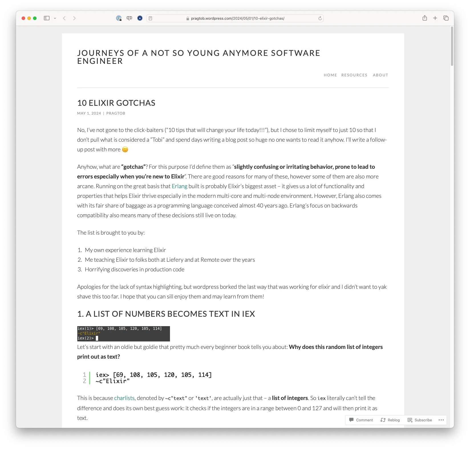 10 Elixir gotchas – Journeys of a not so young anymore Software Engineer (pragtob.wordpess.com)