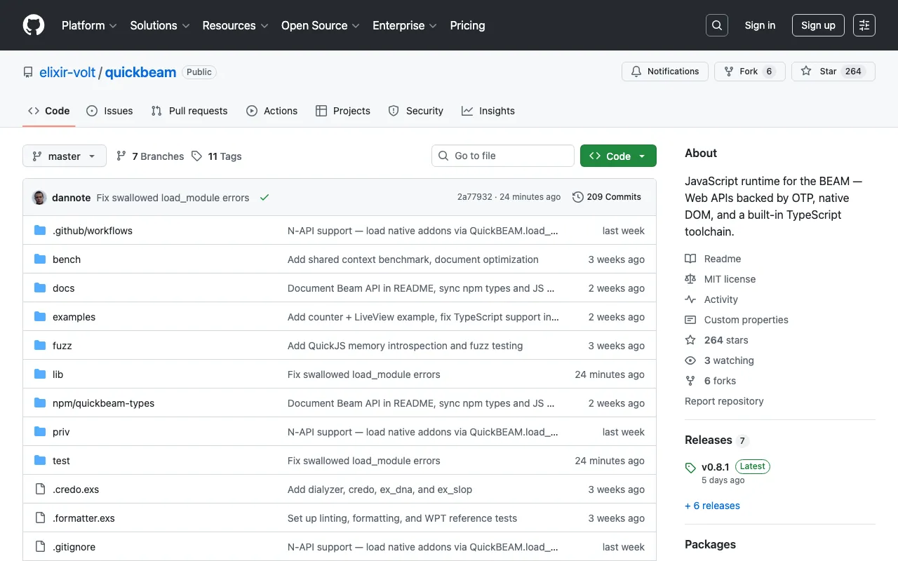 GitHub - elixir-volt/quickbeam: JavaScript runtime for the BEAM — Web APIs backed by OTP, native DOM, and a built-in TypeScript toolchain. · GitHub