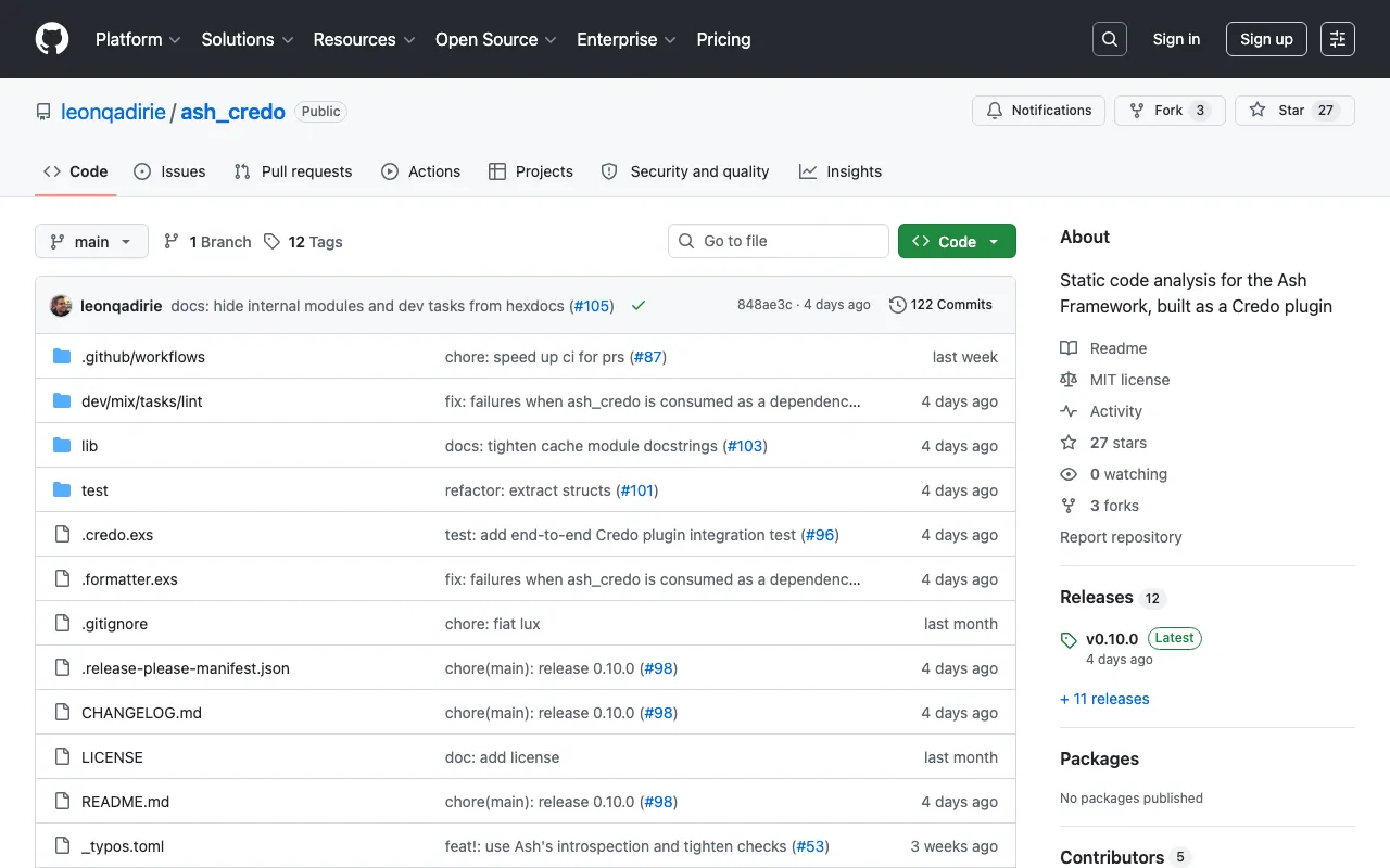 GitHub - leonqadirie/ash_credo: Static code analysis for the Ash Framework, built as a Credo plugin · GitHub