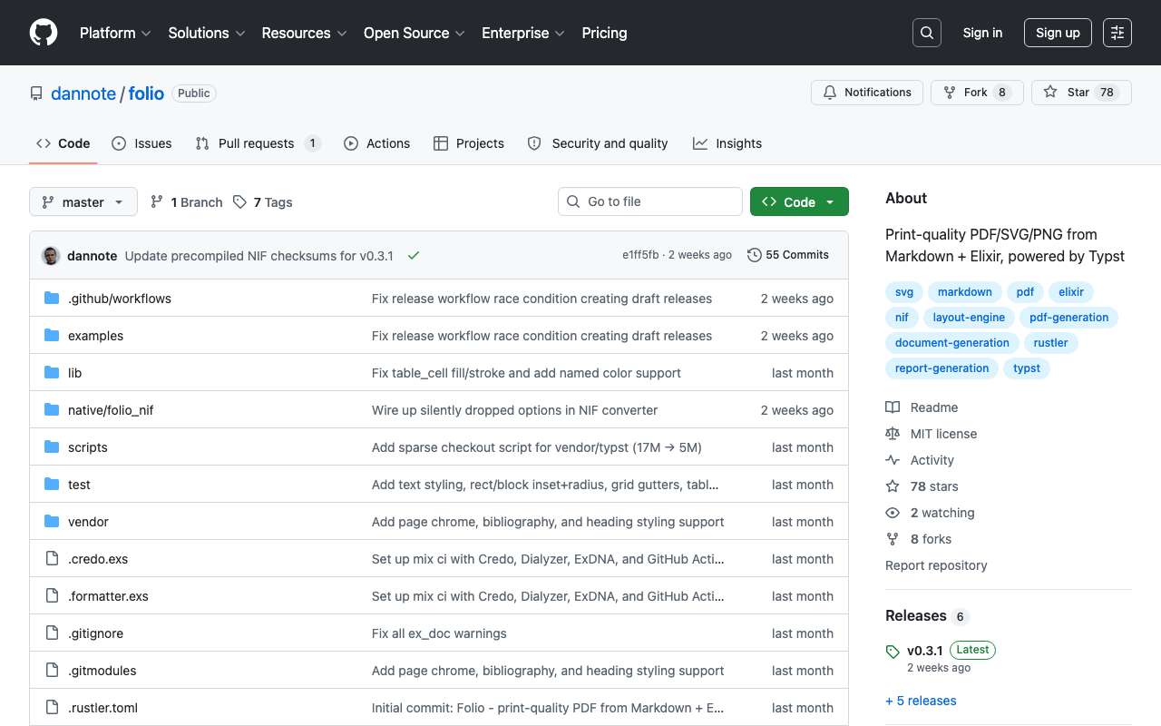 GitHub - dannote/folio: Print-quality PDF/SVG/PNG from Markdown + Elixir, powered by Typst · GitHub