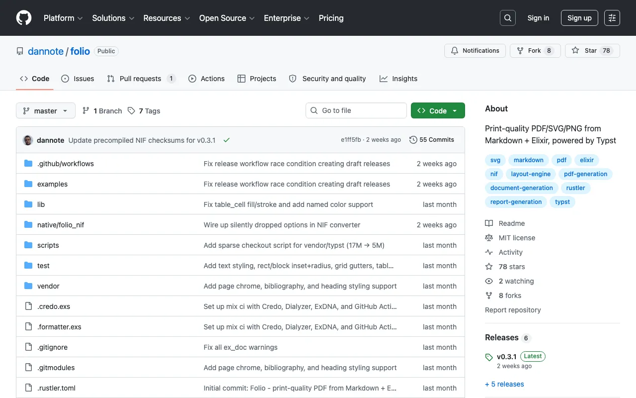 GitHub - dannote/folio: Print-quality PDF/SVG/PNG from Markdown + Elixir, powered by Typst · GitHub