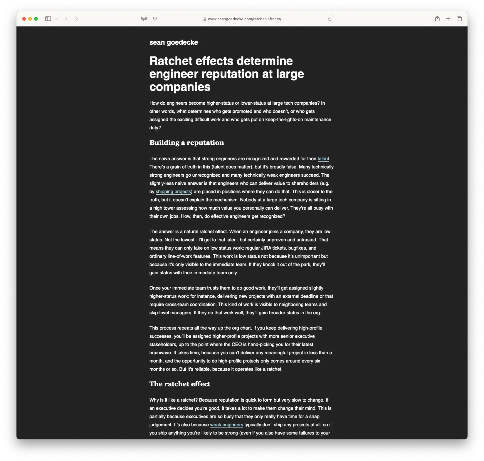 Ratchet effects determine engineer reputation at large companies