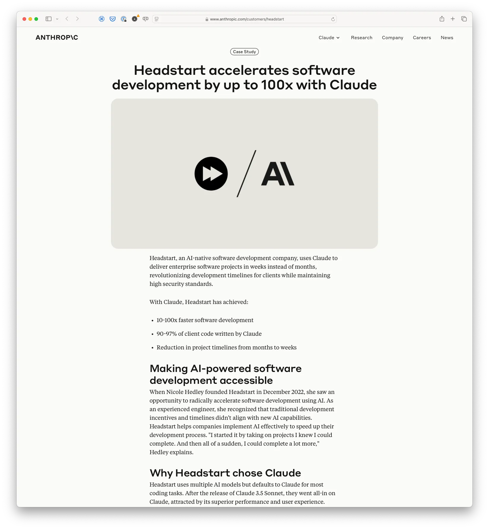 Headstart Accelerates Software Development by up to 100x with Claude