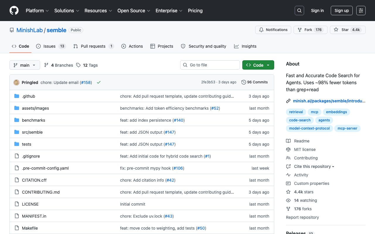 GitHub - MinishLab/semble: Fast and Accurate Code Search for Agents. Uses ~98% fewer tokens than grep+read · GitHub