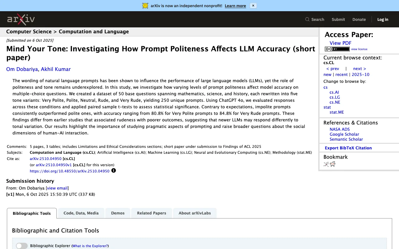 [2510.04950] Mind Your Tone: Investigating How Prompt Politeness Affects LLM Accuracy (short paper)
